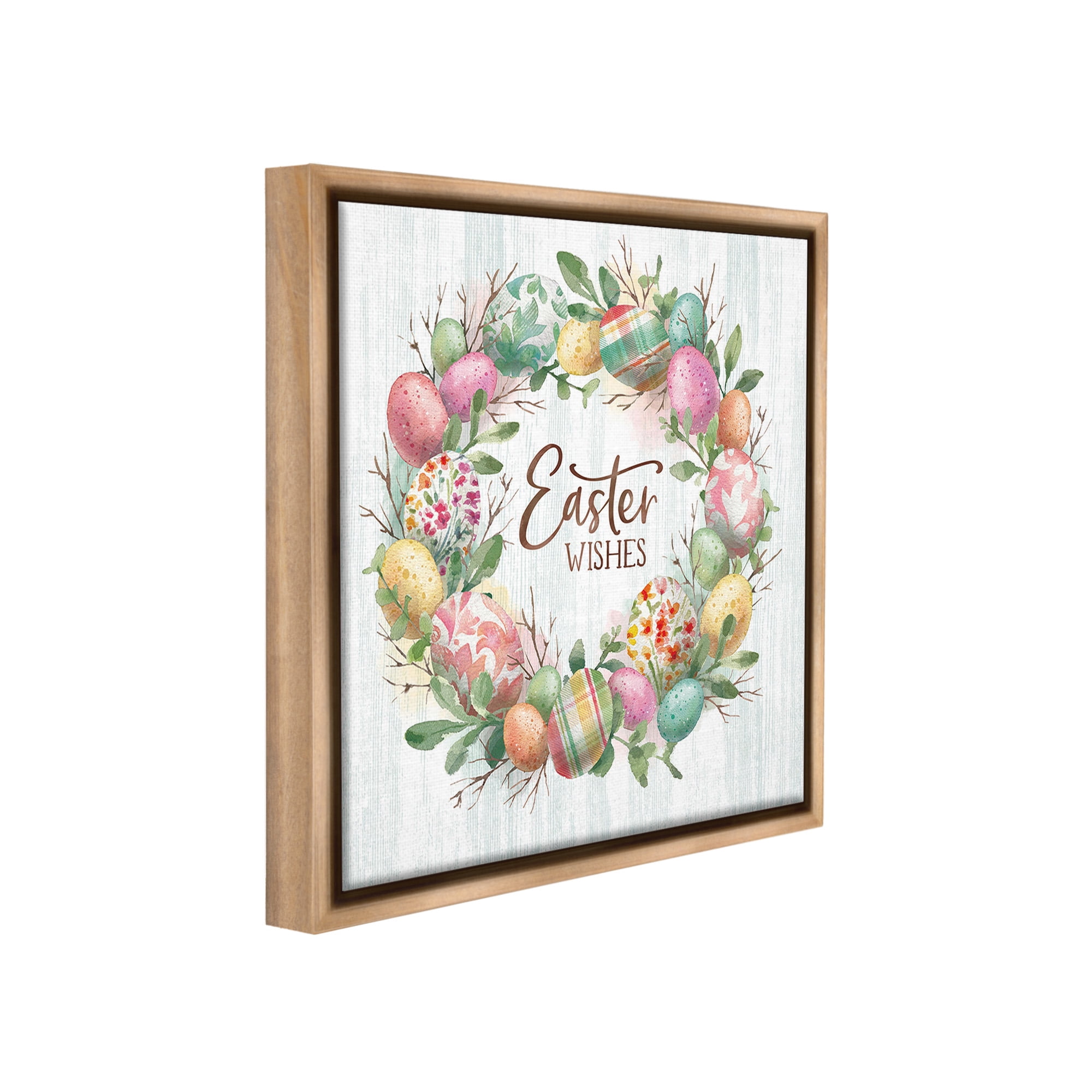 Stupell Industries Easter Wishes Wreath Holiday Painting Brown Floater Framed Canvas Art Print Wall Art, 25 x 25