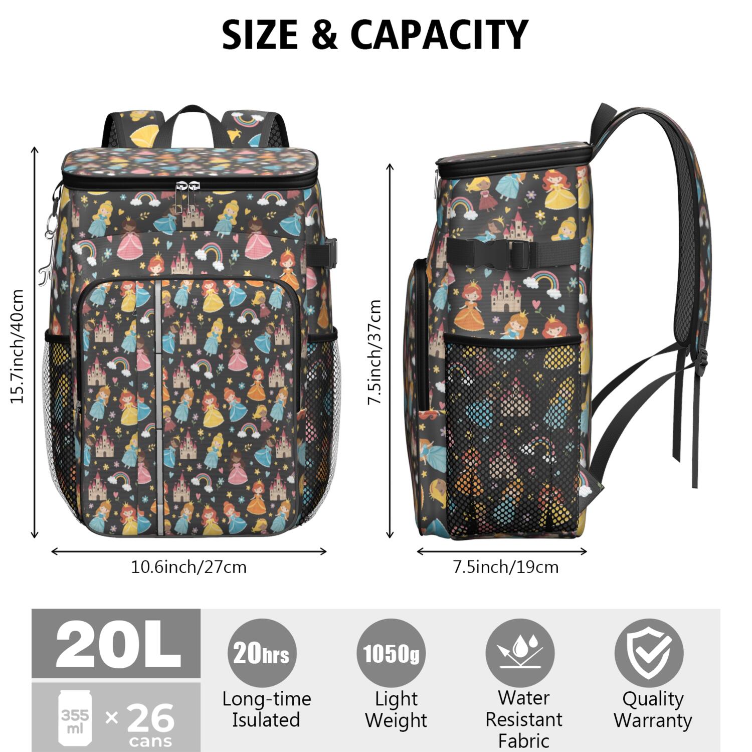 Travel Cooler Bag - Black Princess Castle Pattern Camping Beer Cooler Backpack with Bottle Opener- Waterproof Insulated Picnic Backpacks - Cooler Bag for Beach