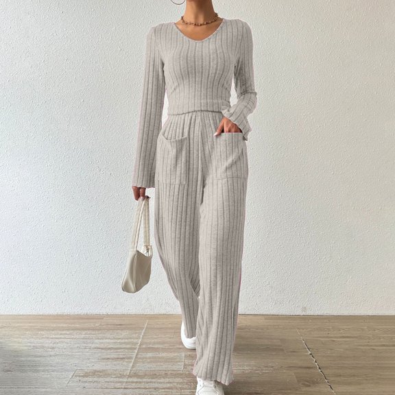Timdgard Travel Outfits for Women V Neck Crop Tops Straight Leg Pants Ribbed Lounge Sets Fall Fashion