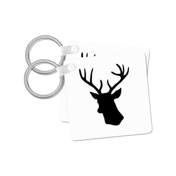 3dRose, Black Deer head silhouette on white. Modern stag with antlers shadow, set of 2 Key Chains
