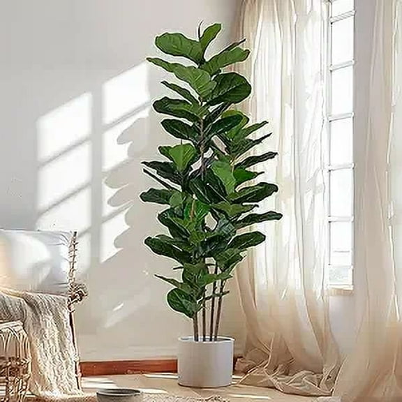 Yepdin Fiddle Fig Leaf Artificial Tree, 6 Ft, Black Pot, 69 Count