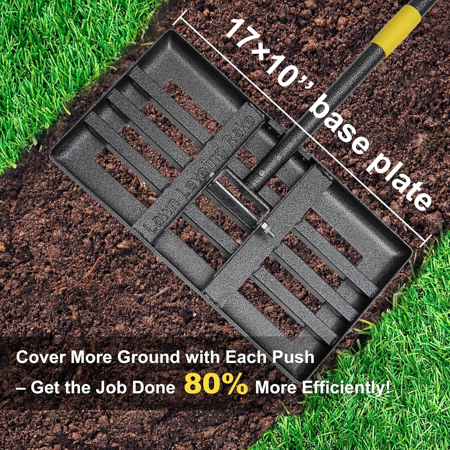 Heavy Duty Lawn Leveling Rake - 17x10 Inch Carbon Steel, 74" Adjustable Handle, For Soil, Sand, Top Dressing