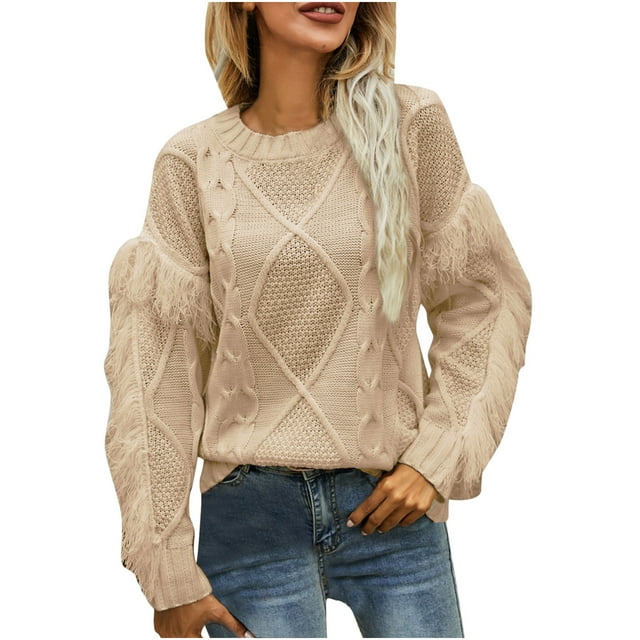 Pompotops Chandail-Over Tricoté Mode Grande Taille à Manches Longues à Franges Col Rond pour Femmes