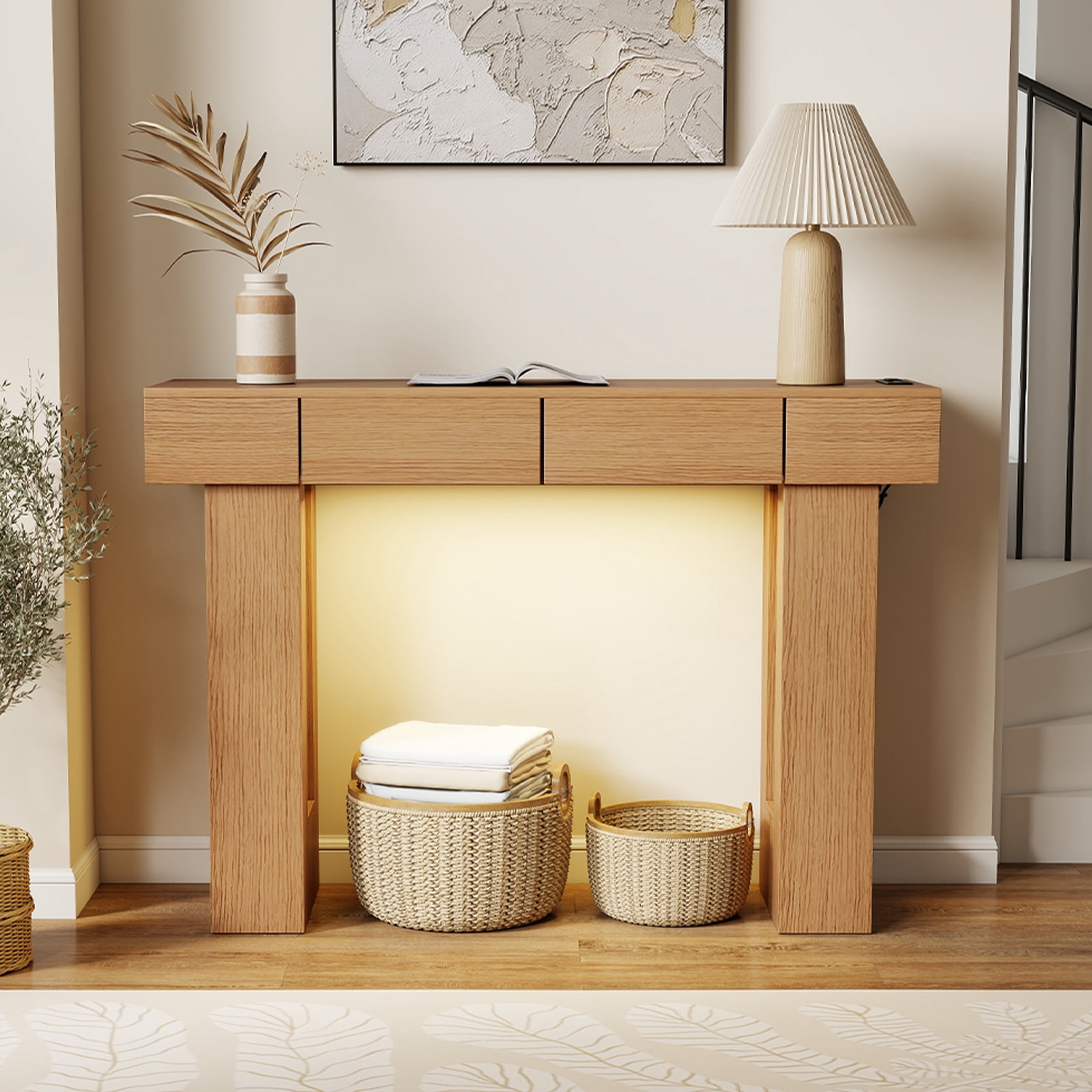 MOONMISS 47"Wide Console Table with 2 Drawers, Multifunctional Charging Station, LED Light, Solid Wood Farmhouse Console Table Behind Couch for Entryway, Hallway, Living Room-Natural Wood