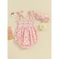 thumbnail image 4 of Suealasg Newborn Baby Girl Outfits Sleeveless Floral Print Bandage Straps Romper and Headband Set Summer 1st Birthday Photoshoot Clothes, 4 of 9