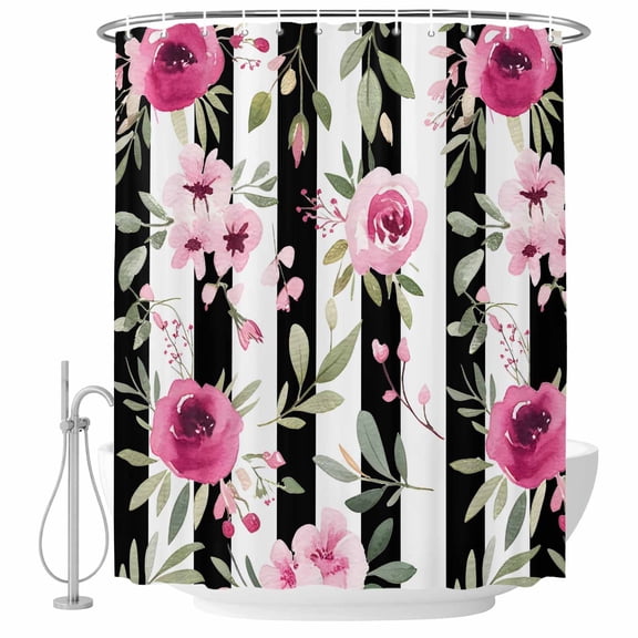 Small Stall Shower Curtain 36x72 Inch Narrow Half Size Pink Roses Bath Curtains Bathroom Decor, Romantic Flowers Leaves Floral Black Stripes Waterproof Fabric Shower Curtain Set with Hooks 36 Inch