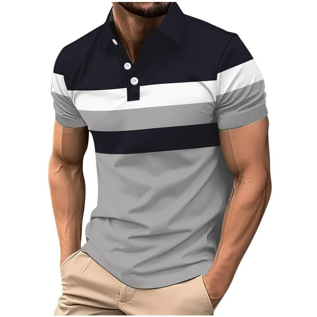 Dagugfen Shirts for Men Summer Button Lapel V Neck Short Sleeve Strip Slim Breathable Work Casual Tops