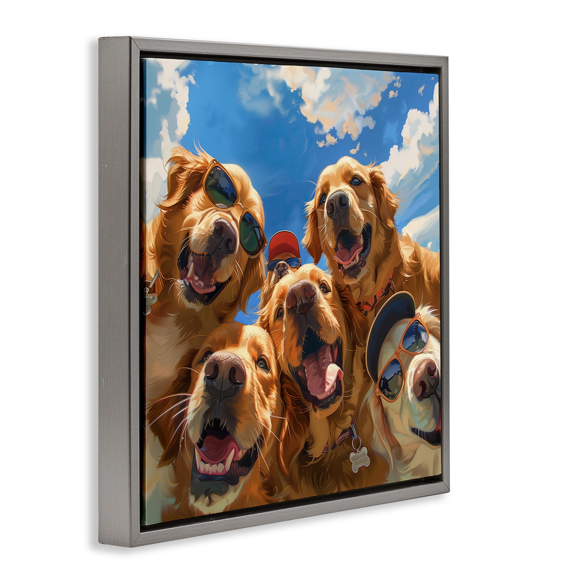 Stupell Industries Golden Retriever Group Selfie Animals Painting Gray Floater Framed Canvas Art Print Wall Art, 25 x 25