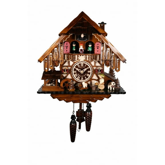 Quartz Cuckoo Clock Black Forest house with moving beer drinker and mill wheel, with music EN 487 QMT