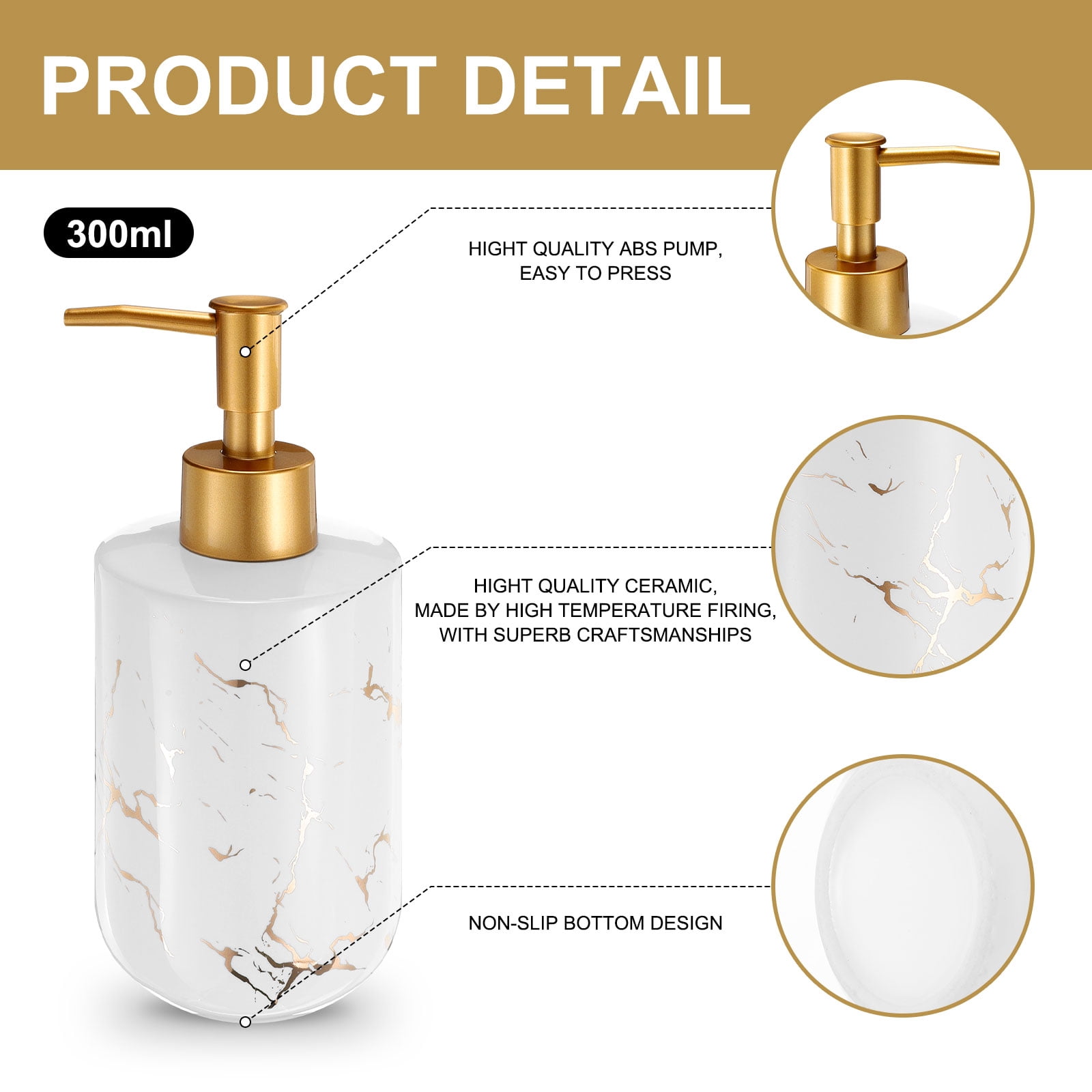 Unique Bargains Soap Dispenser for Kitchen Bathroom with Pump Marble Pattern 10 Oz White