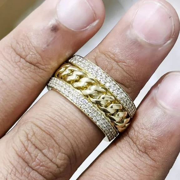 2 Ct Round Cut White Moissanite Cuban Link Men's Ring 14K Yellow Gold Plated