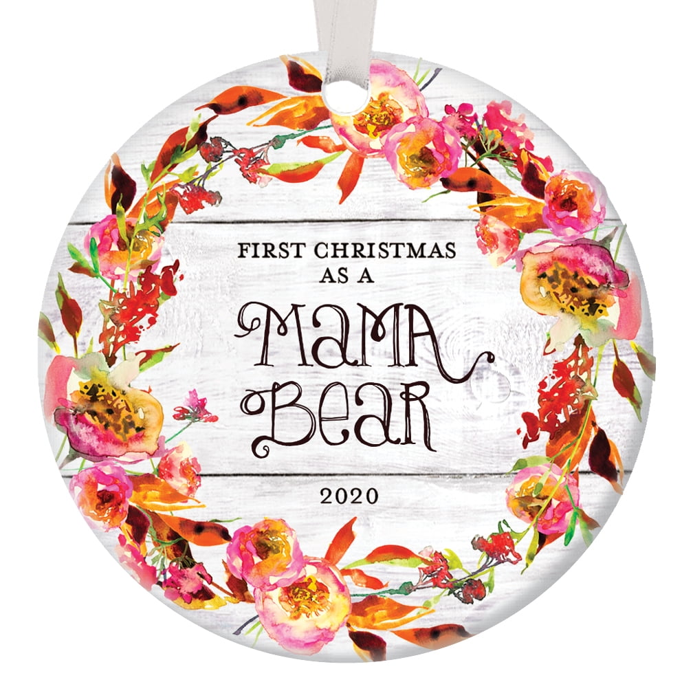 2020 Mama Bear Gifts 1st Christmas as Mother Ornament New Mom Newborn Baby Pregnant Pregnancy Rustic Xmas Farmhouse Collectible Present 3 Flat Circle Porcelain with Gold Ribbon & Free Gift Box