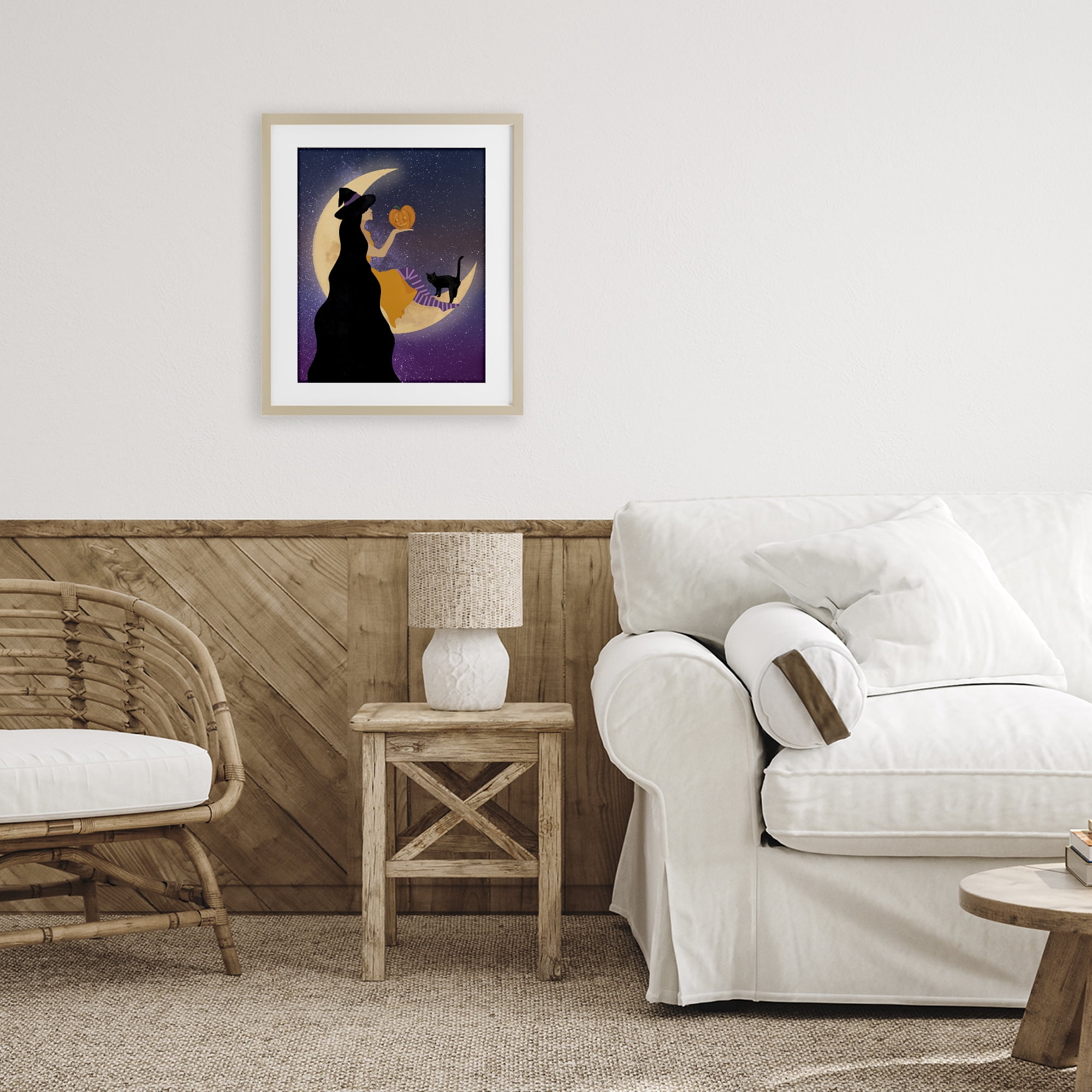 Stupell Industries Moonlit Witch Holding Jack-o-Lantern Birch Framed Print Under Glass, design by Daniela Santiago