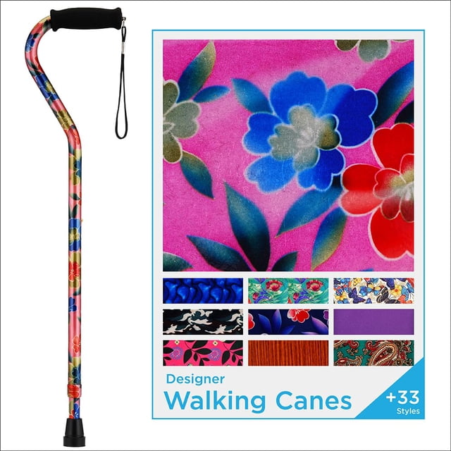 Bastón de diseño NOVA con mango descentrado, ligero y ajustable con correa de transporte, para hombre y mujer, ideal para mantener el equilibrio, diseño de jardín rosa.