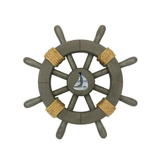 Handcrafted Decor Rustic-Grey-SW-12-Sailboat Antique Decorative Ship Wheel with Sailboat- 12 in.