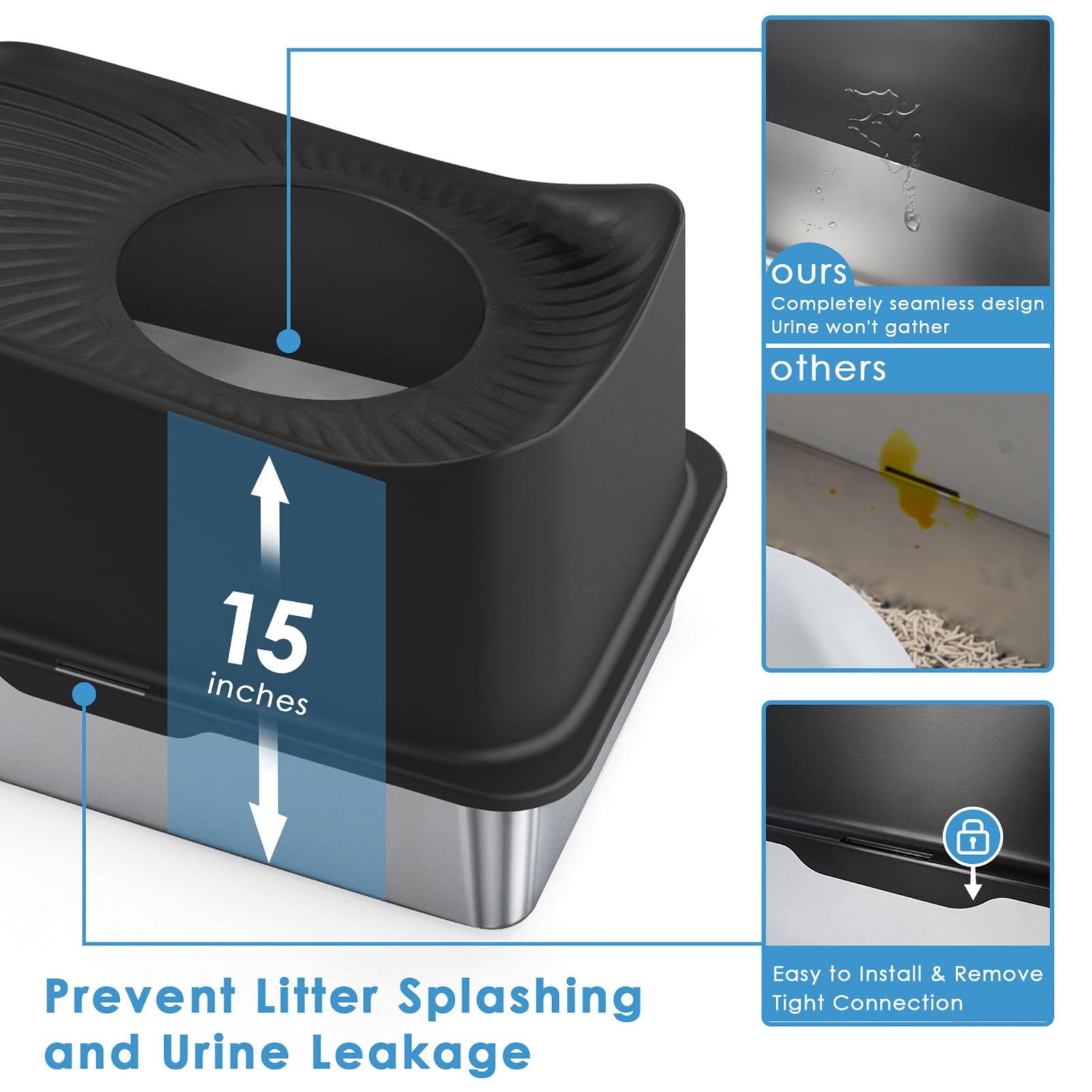 Top Entry Cat Litter Box with Lid, Extra Large Stainless Steel Kitty Litter Box for Big Cats, Easy Cleaning, Never Absorbs Odor, Stains, XL Metal Litter Pan Tray with High Wall Sides Enclosure, Black