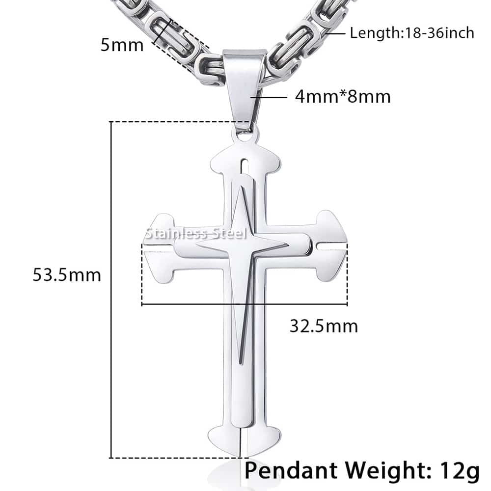 Hermah Stainless Steel Cross Pendant Necklace, 5mm Byzantine Chain