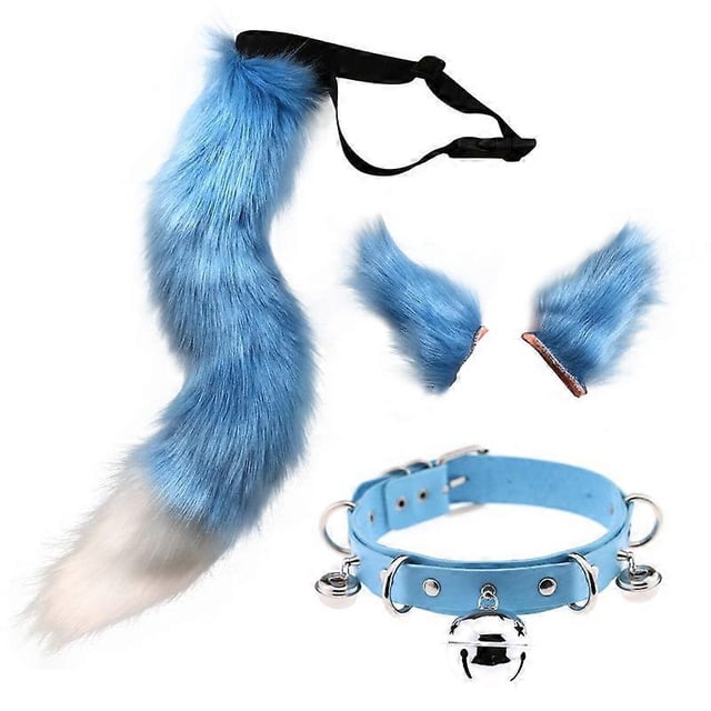 Faux Fur Cat Ears Headband Furry Wolf Fox Long Tail Costume Halloween Party Neck Choker Cosplay SetBlue