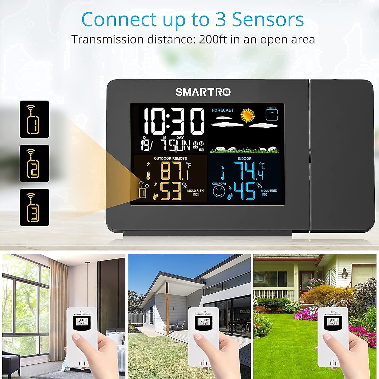 SC91 Projection Alarm Clock with Weather Station & SC42 Hygrometer for Bedroom