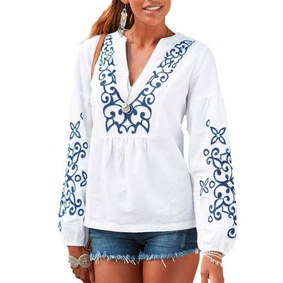 LASCANA Women's Embroidered Long Sleeve Blouse Shirt Embroidered Detail