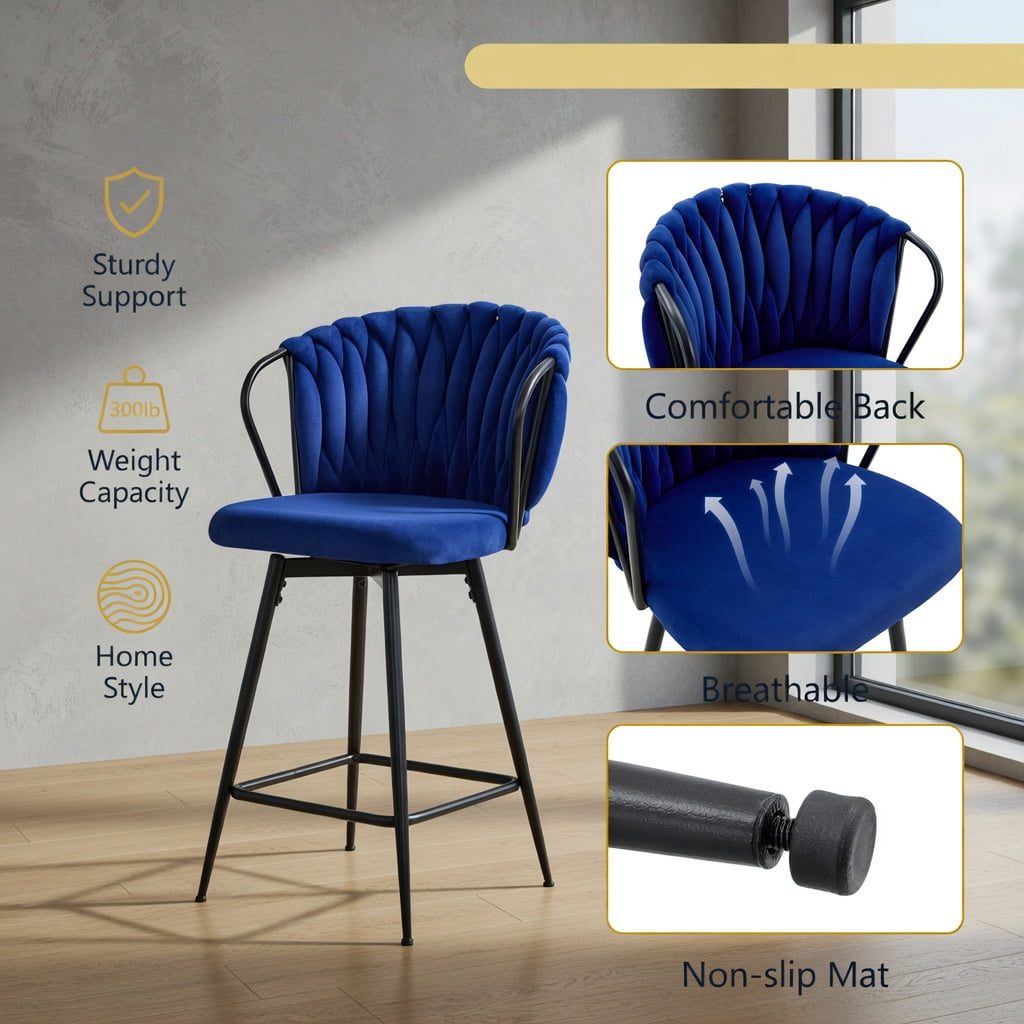 Hommoo 2-Pack Modern Velvet Bar Stools with Woven Rope Backrest & Black Metal Frame, Counter Height Kitchen Island & Home Bar Seating, Blue