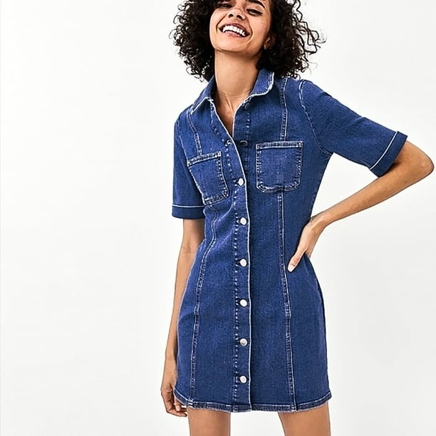 Babyroom Summer Casual Denim Dresses for Women, Slim Fashion Solid Color  Button Down Shirt Dress Above Knee Length, Outdoor Indoor Lapel Mid Sleeve  Jean Dress Bodycon Dress for Juniors 