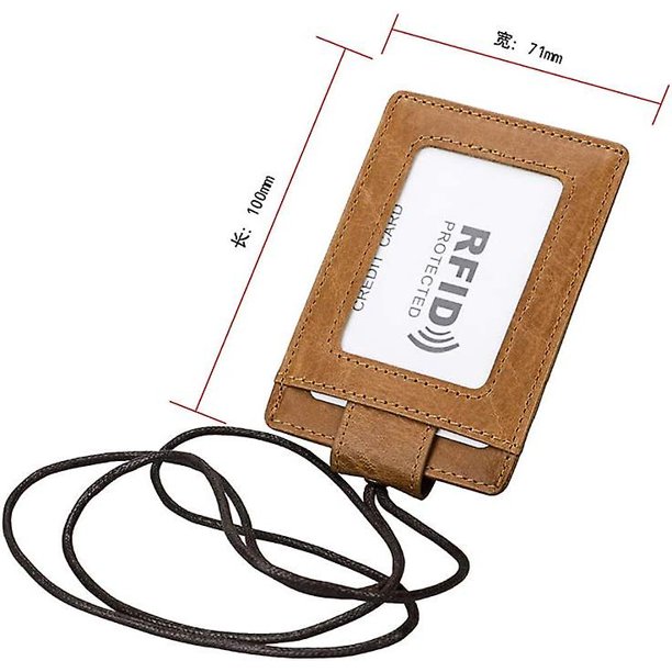 Taian Rifd - Portatarjetas de identificación con correa para el cuello con cordón de cuero suave para tarjetas de crédito de pie (marrón claro)