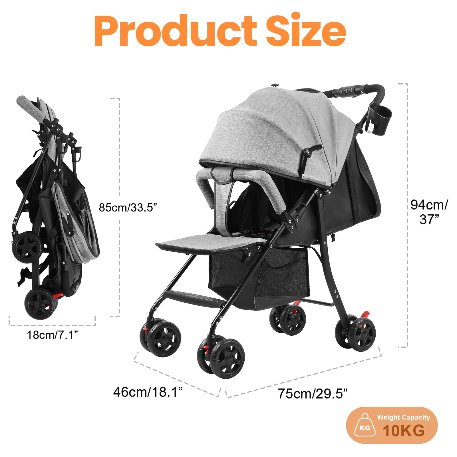 Tereitr Travel Baby Stroller, One-Hand Folding Infant Pushchair with Adjustable Backrest, Canopy, Storage Basket, Up to 10kg