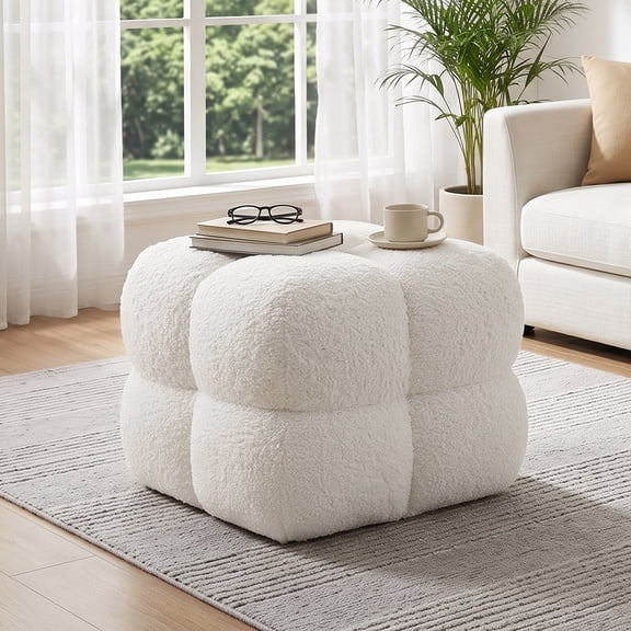 Zesthouse 20.9″ Wide Boucle Ottoman, Modern Foot Stool, Square Upholstered Tufted Ottoman Coffee Table, Extra Seating for Living Room Bedroom, White