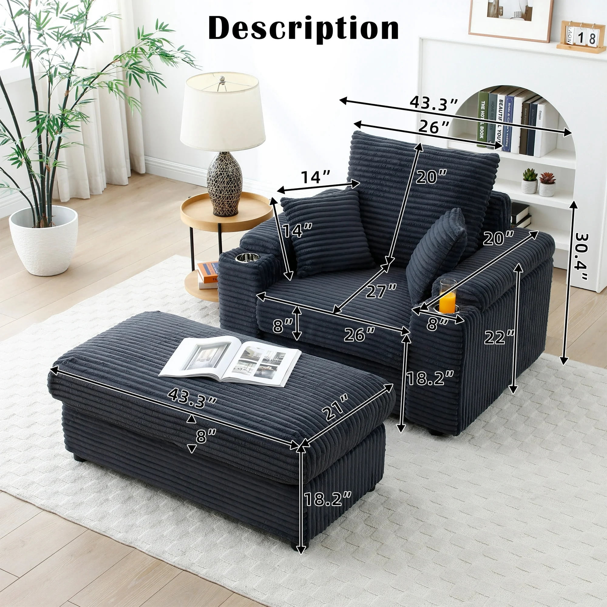 Aukfa Oversized Chaise Lounge Indoor Chair with 2 Cupholders, Storage Ottoman, 3 Pillows, Gray