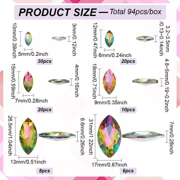 1box 94pcs 6 style Glass Rhinestone Cabochons Pointed Back & Back Faceted Horse Eye Colorful 10~31x5~17x3~6.6mm