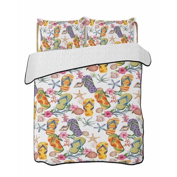 Full Size Quilt Bedding Set, Nautical Coastal Reversible Summer Quilt 3 Pieces, Watercolor Ocean Slippers Starfish Coral Shell Lightweight Bedspreads Coverlets with 2 Pillow Shams for All Seasons