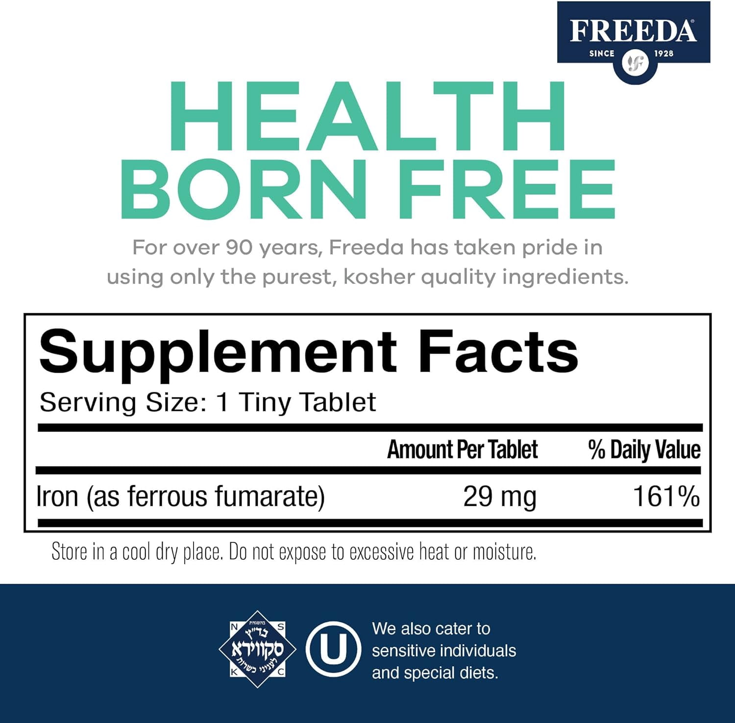 Freeda Ferrous Fumarate Iron Tablets 29 mg | Iron Supplement for Energy & Wellness | Vegan, Gluten Free, Sugar Free | 250 Count