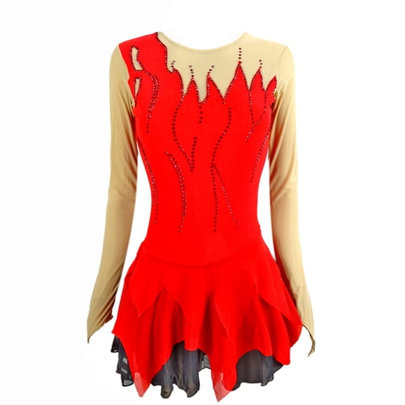 LIUHUO Custom Figure Skating Dress Girls Women Red Spandex Red Diamond Embellishments like Flames Layered Black Red Skirt