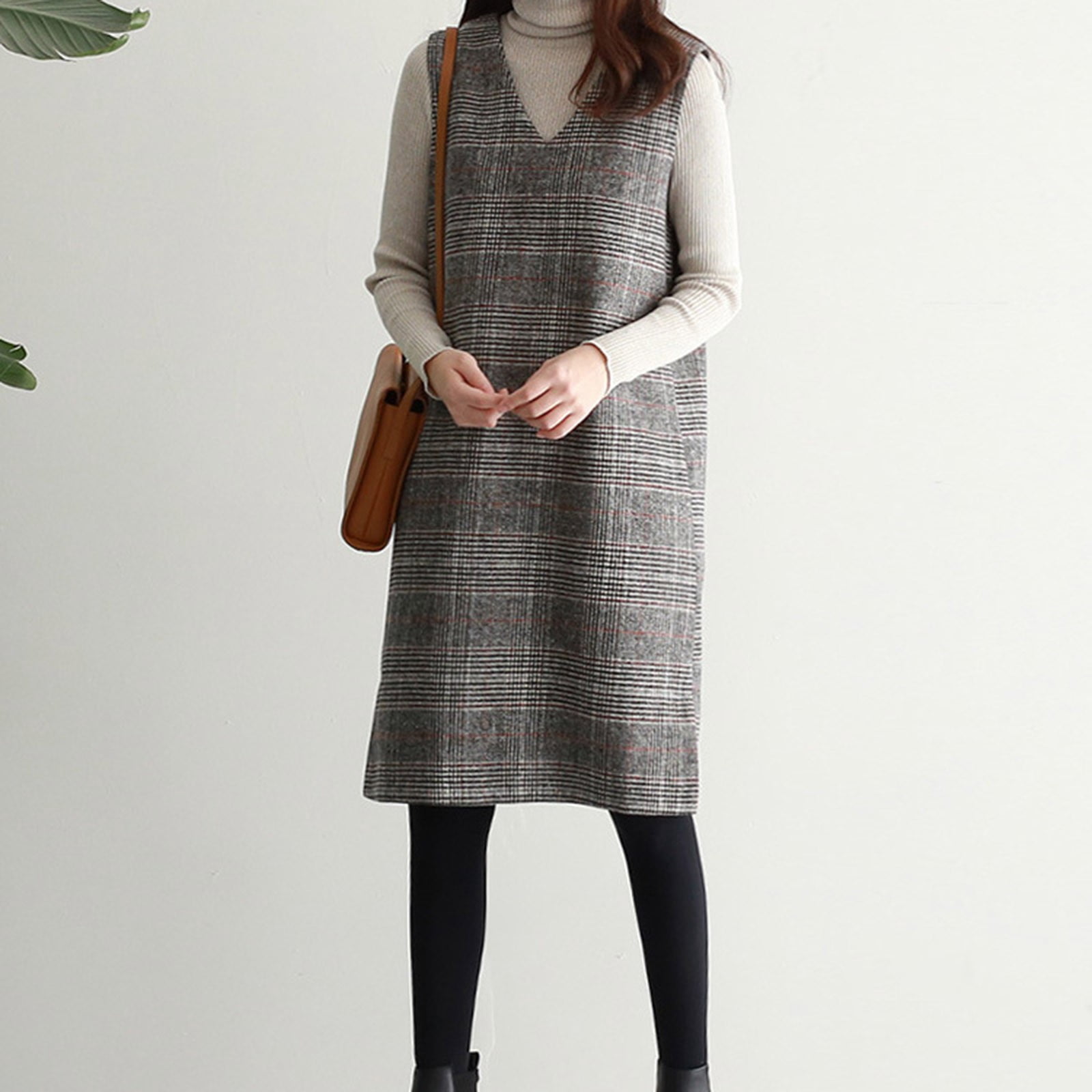 JGGSPWM Women's Fall Winter Plaid Woolen Overall Dress Casual Business Sleeveless Midi Tank Vest Dress Black M