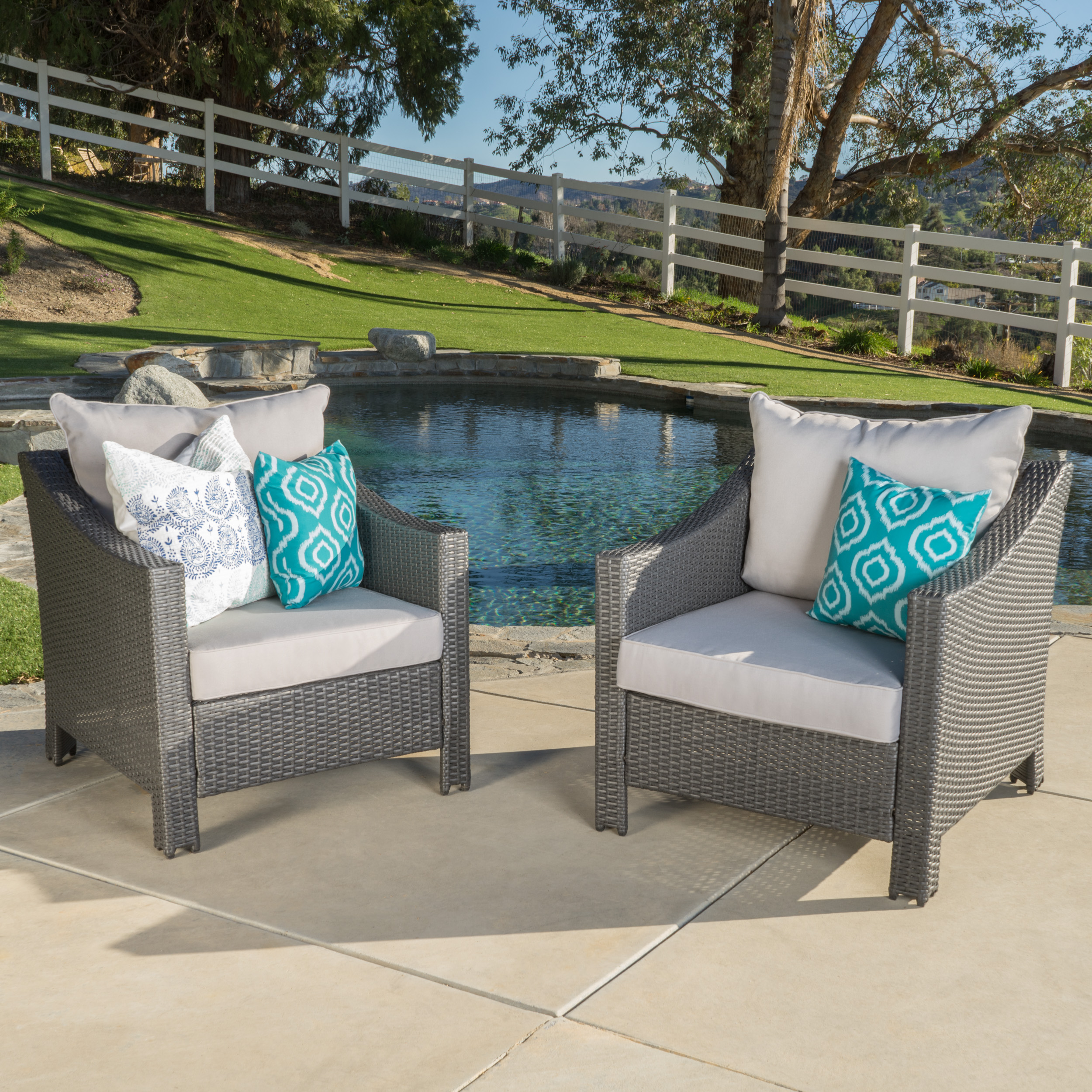 Cortez Outdoor Wicker Club Chair W Water Resistant Fabric Cushions Set Of 2 Grey Silver Walmart Com Walmart Com
