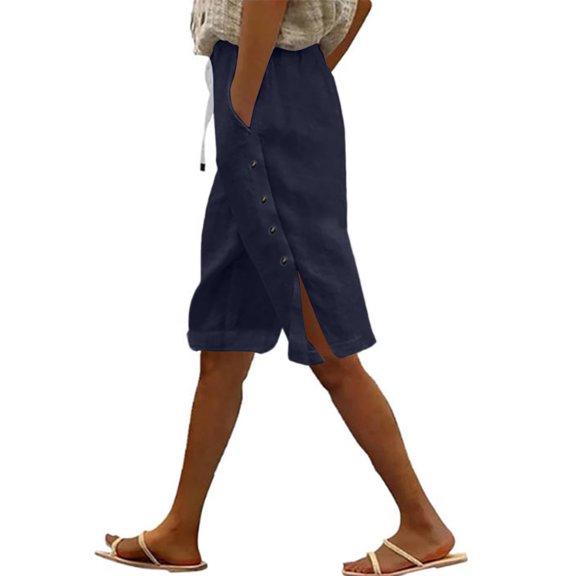 CheerKidz Women's Solid Color Cotton Linen Pants with Adjustable Side Buttons High Waist Wide Leg Casual Trousers Breathable Loose Fit Spring Summer Travel Pants with Pockets(Dark Blue,XL)
