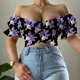 thumbnail image 4 of Blusa corta fruncida con hombros descubiertos y estampado de manga corta sin tirantes para mujer Pompotops  hkajfhjk473554, 4 of 6