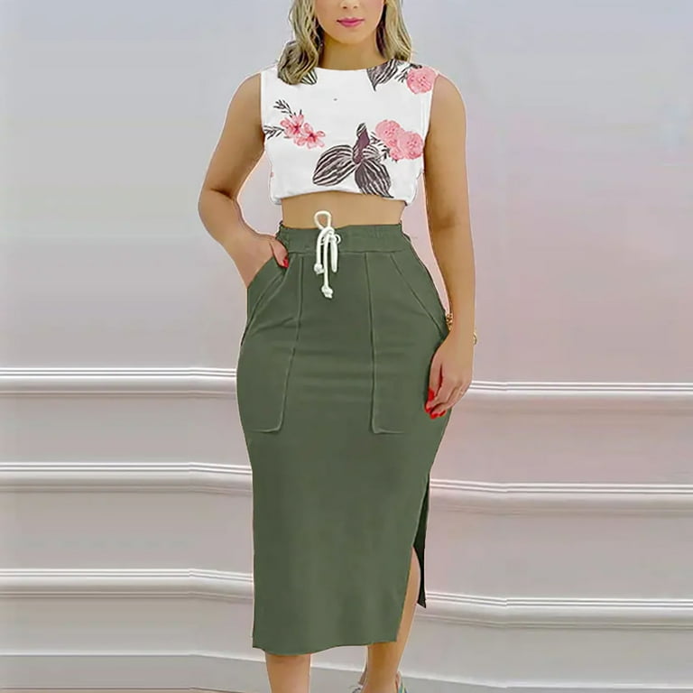 USSUMA Dress for Women Wedding Guest Women s Bodycon Midi Skirt 2 Piece Outfits Floral Print Sleeveless Crop Tank Top Drawstring Pencil Skirts Dresses Sets Walmart