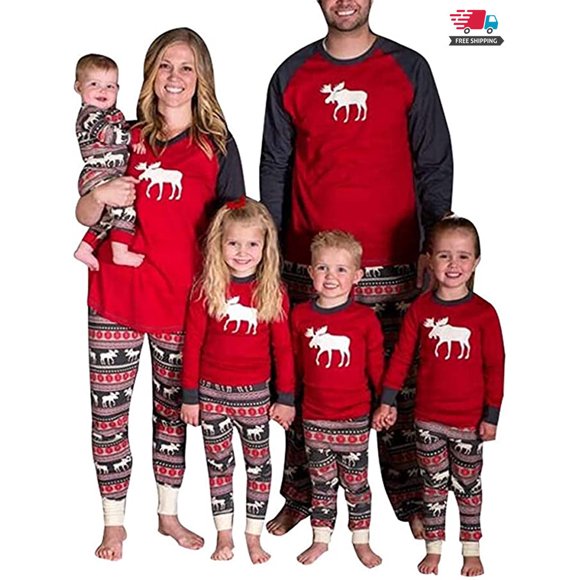 Matching Family Pajamas Sets Christmas PJ's Elk Print Top Pants Jammies Sleepwear
