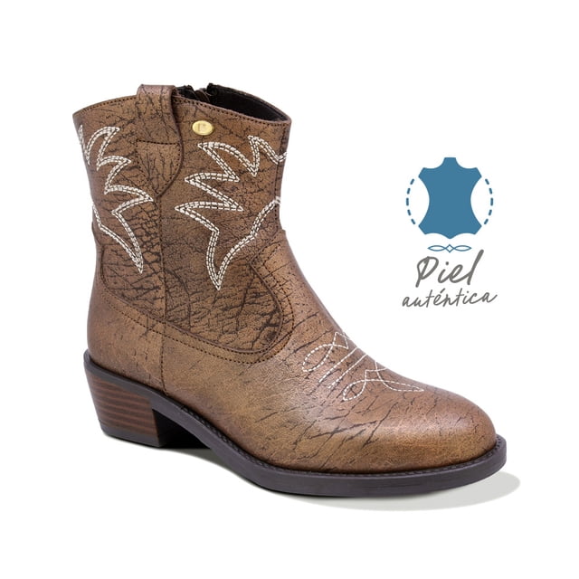 BOTINES COQUETA NIÑA DE PIEL COLOR BRONCE MIRTA CON DISEÑO WESTERN