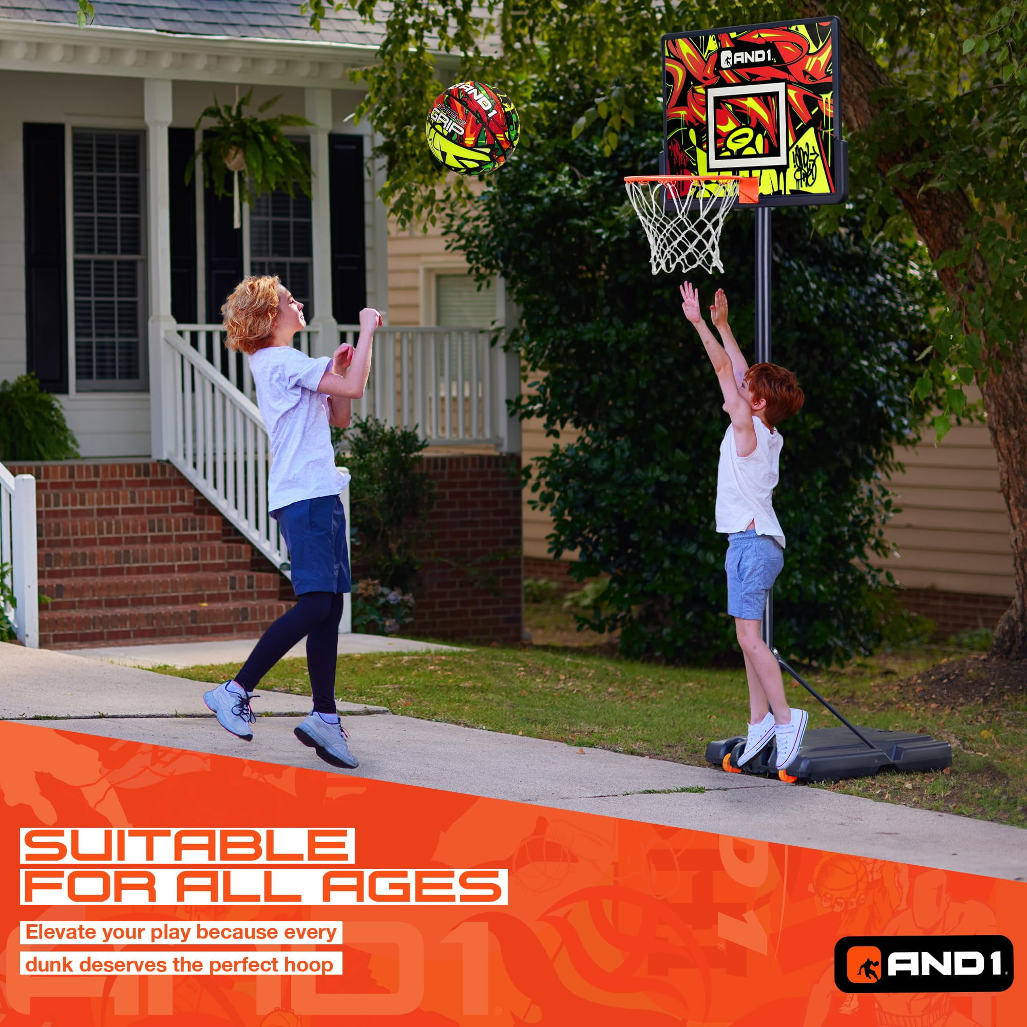 AND1 32" Youth Basketball Hoop & Basketball Bundle - Adjustable Portable Outdoor Hoop, 5-7 ft Adjustable Height