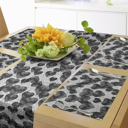 

Romantic Table Runner & Placemats Gothic Hearts Tattoo Style Valentine s Love Graffiti Grunge Illustration Set for Dining Table Decor Placemat 4 pcs + Runner 12 x72 Pale Grey Black by Ambesonne