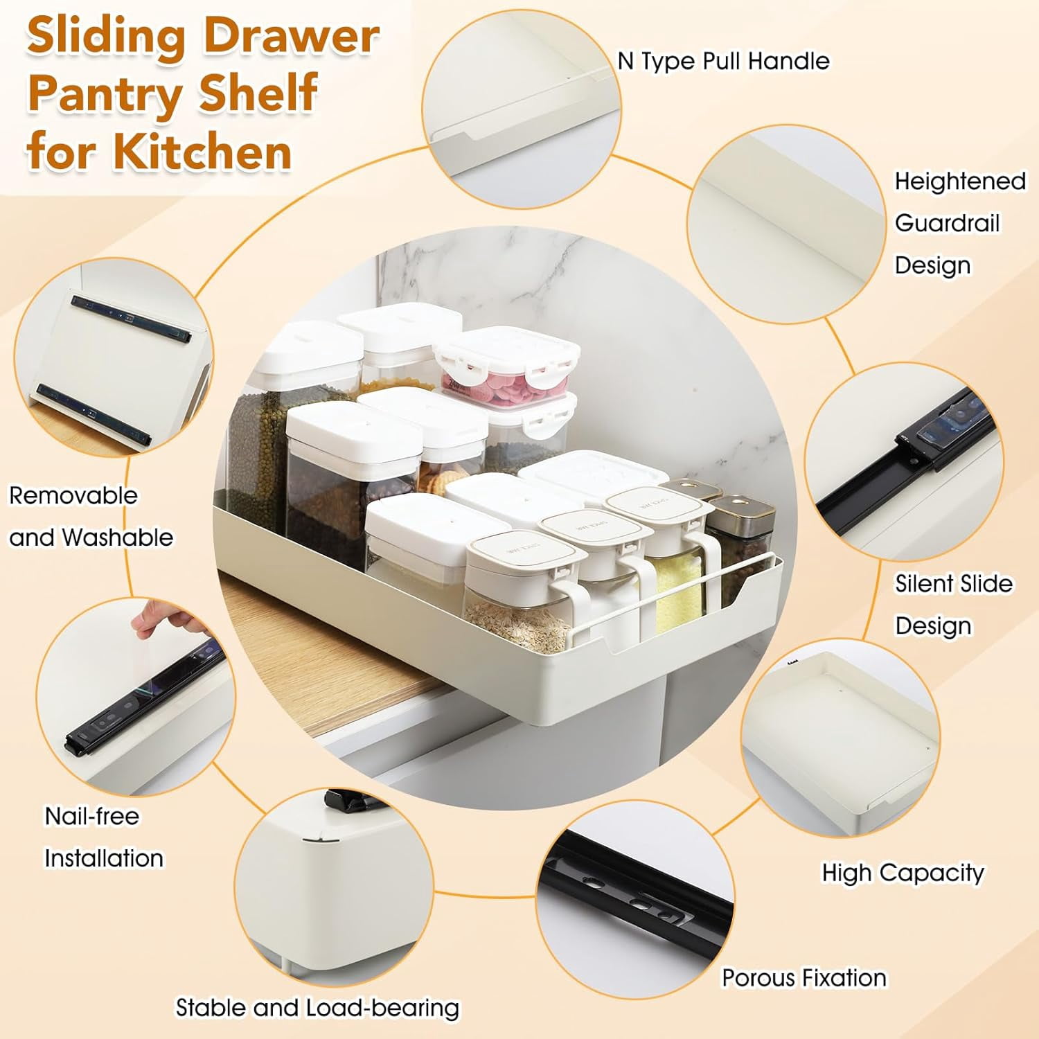 TEXIJUSO Pull Out Cabinet Organizer, Heavy Duty Slide Out Drawers for Kitchen Cabinets Adhesive Cabinet Slide Out Drawers for Kitchen Bathroom