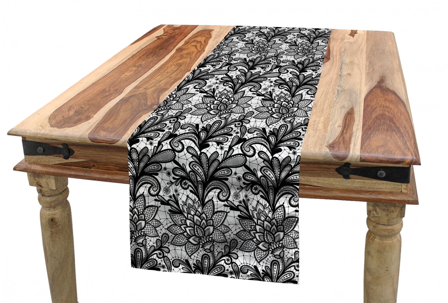 Black and White Table Runner, Vintage Victorian Lace Style Plants