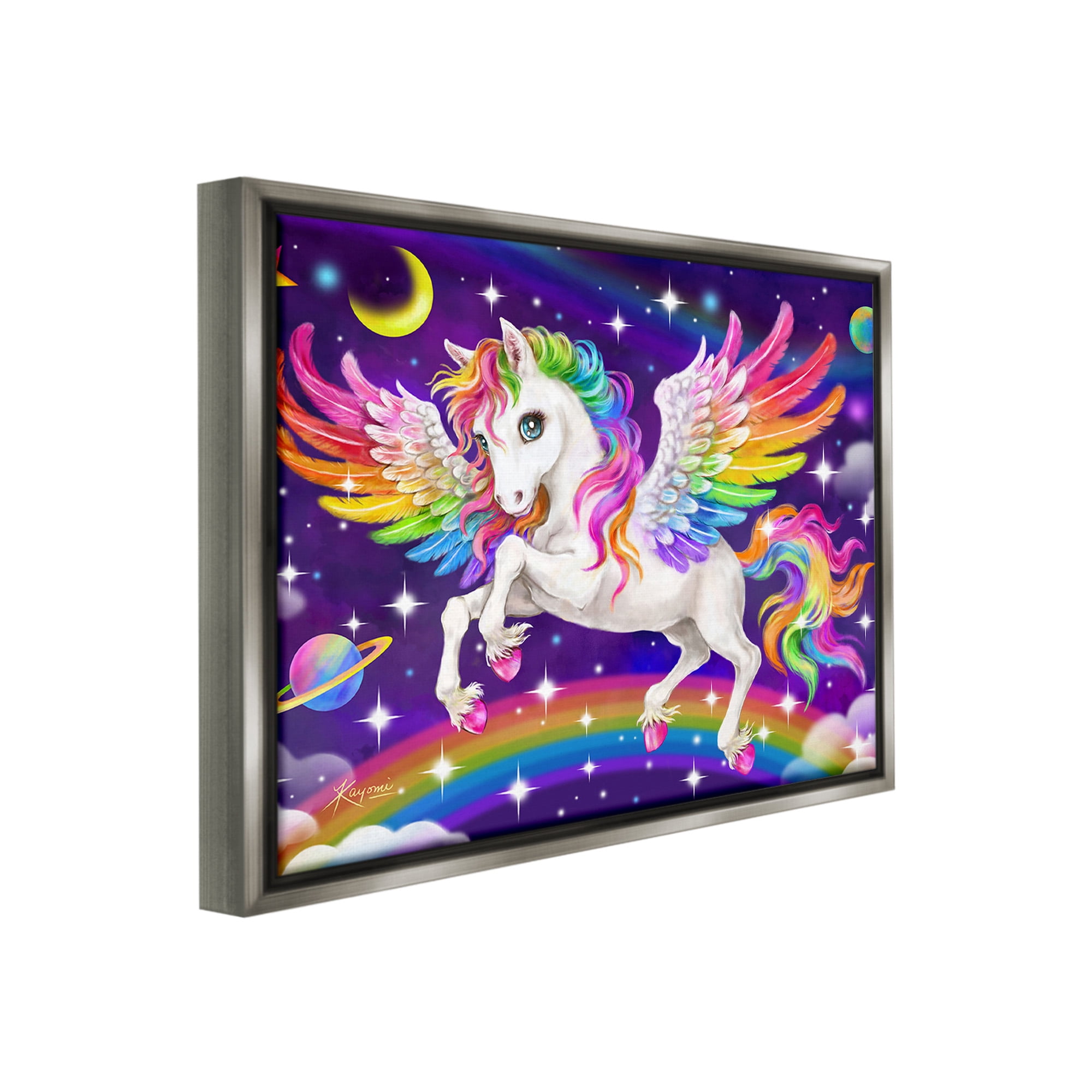 Stupell Industries Outer Space Unicorn Fairy Tales & Fantasy Painting Gray Floater Framed Canvas Art Print Wall Art, 21 x 17