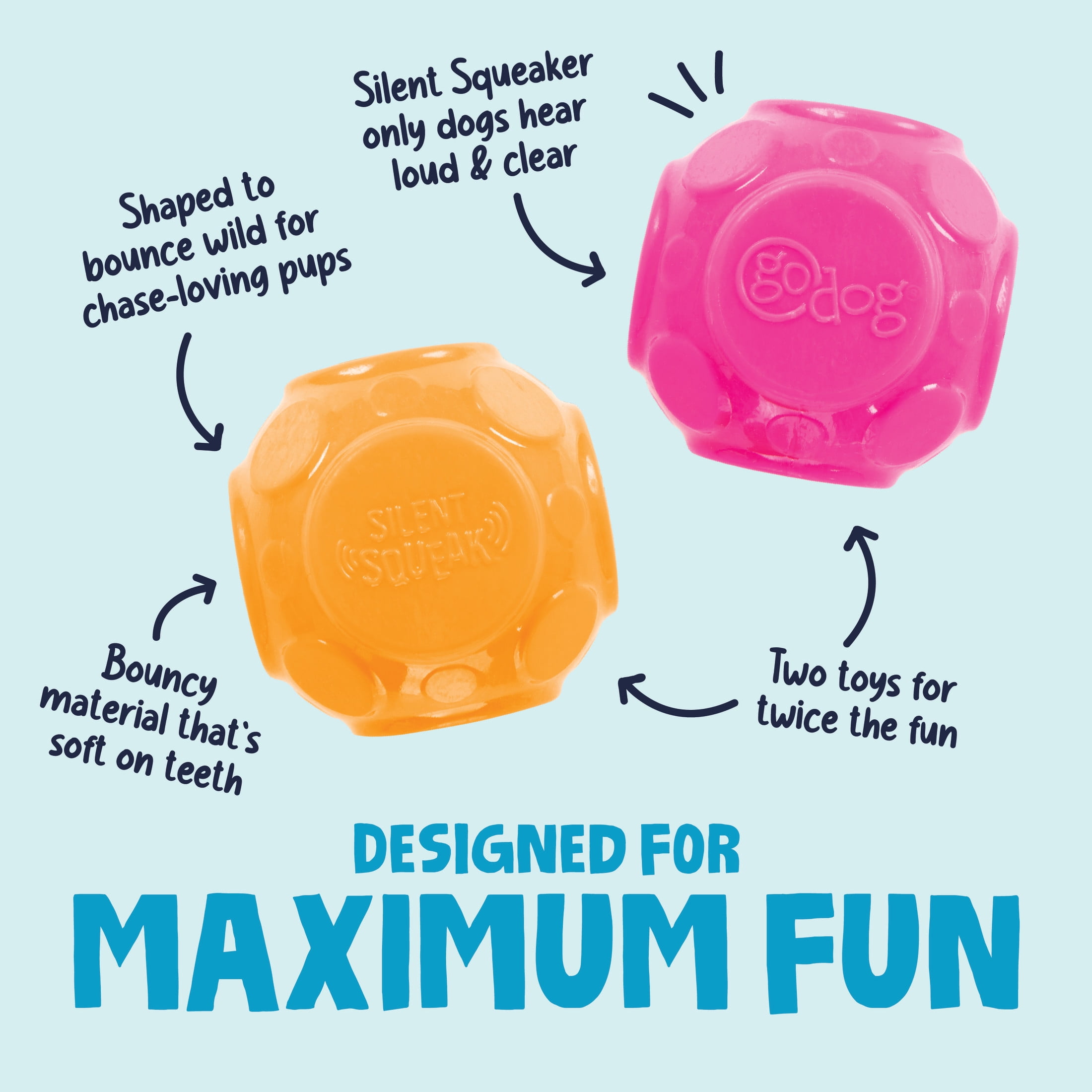 goDog Silent Squeak Ball Dog Toys, 2 CNT, Orange & Pink, One Size