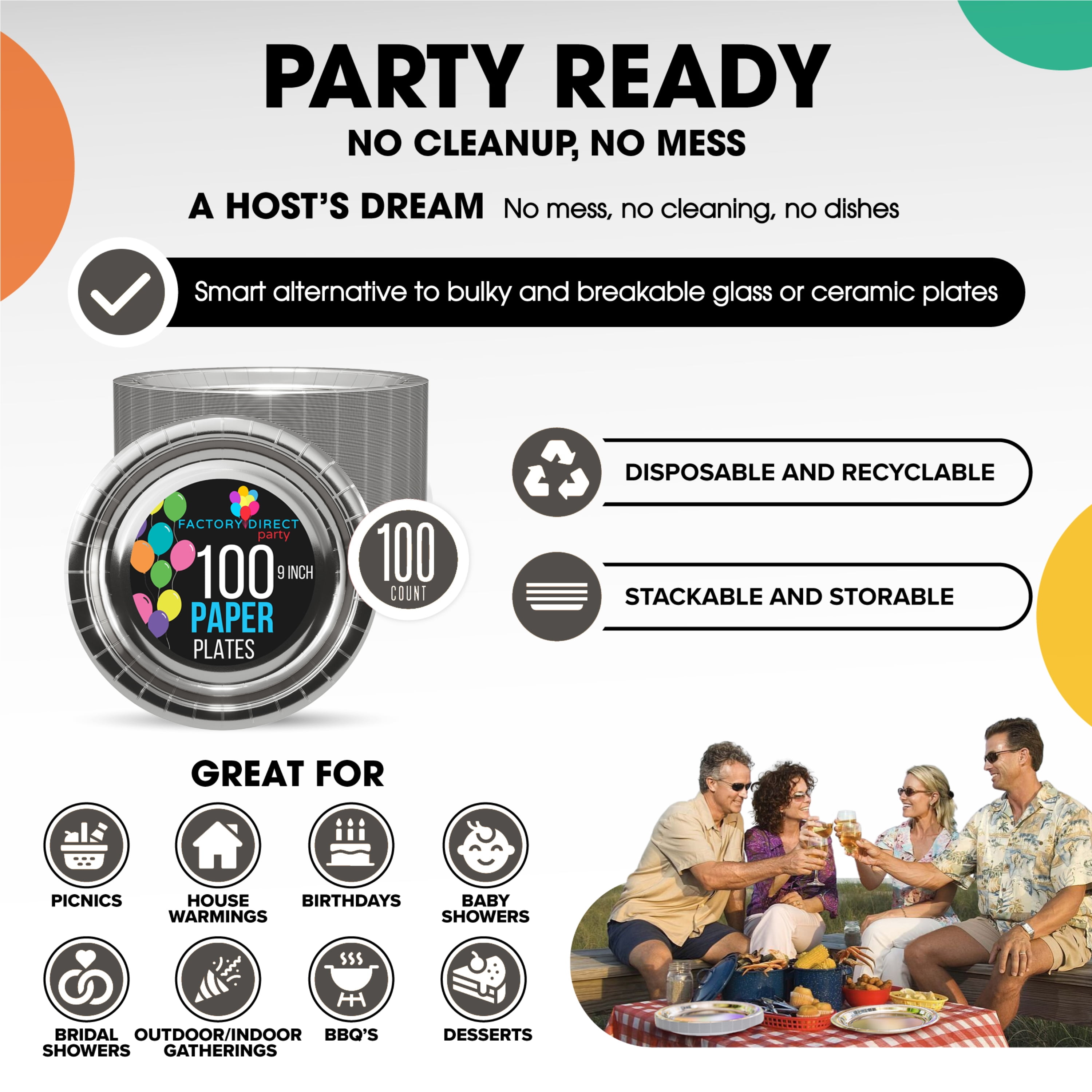 Exquisite 9" Paper Plates - 100 Disposable Plates - Silver