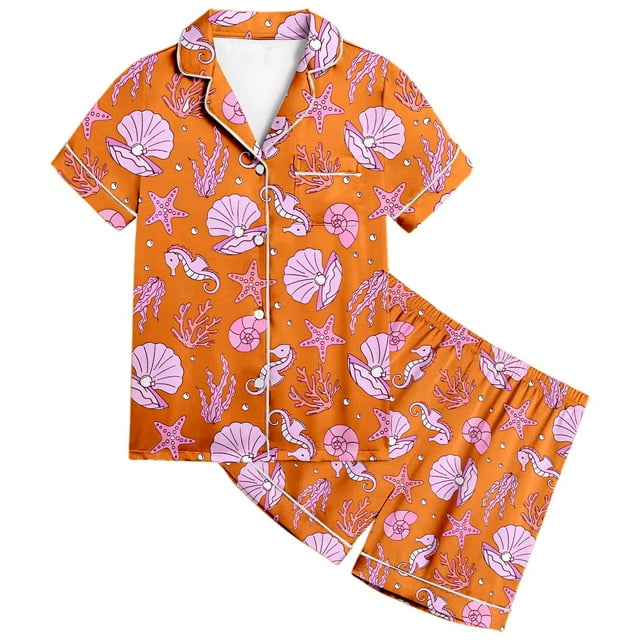 Ensemble de Pyjama en Satin pour Filles, Tenue d'Intérieur Classique à Boutons avec Haut à Manches Courtes Confortable et Shorts Doux