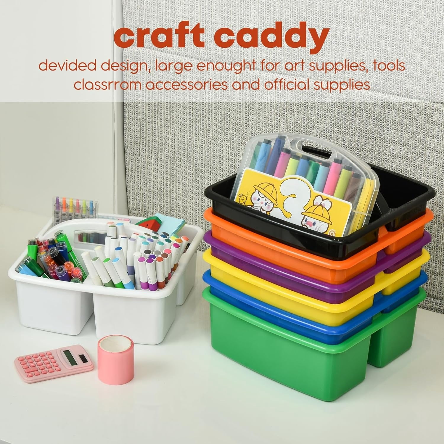 Plastic Classroom Caddy Organizer with Handle, 6-Pack 3 Compartments, Teacher Supply Storage Caddy for Classroom Organization, Table, Desk, Office, Craft Art - White